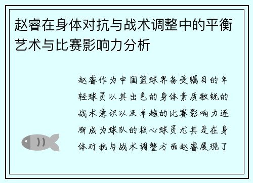 赵睿在身体对抗与战术调整中的平衡艺术与比赛影响力分析