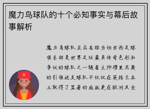 魔力鸟球队的十个必知事实与幕后故事解析