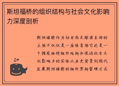 斯坦福桥的组织结构与社会文化影响力深度剖析