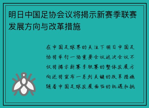 明日中国足协会议将揭示新赛季联赛发展方向与改革措施