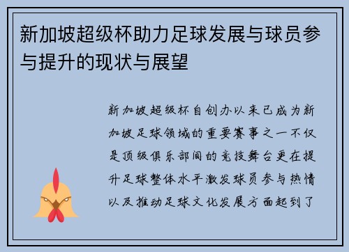 新加坡超级杯助力足球发展与球员参与提升的现状与展望